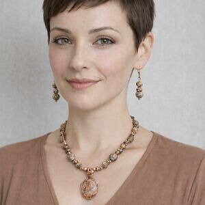 Leopard Skin Jasper 1 1/2" Oval cabochon Necklace Earrings brown, tan 20" copper